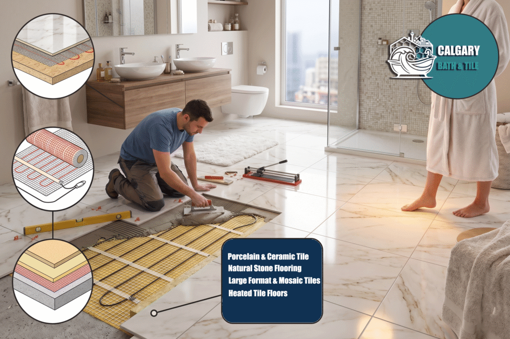 Professional floor tile installation in Calgary bathroom