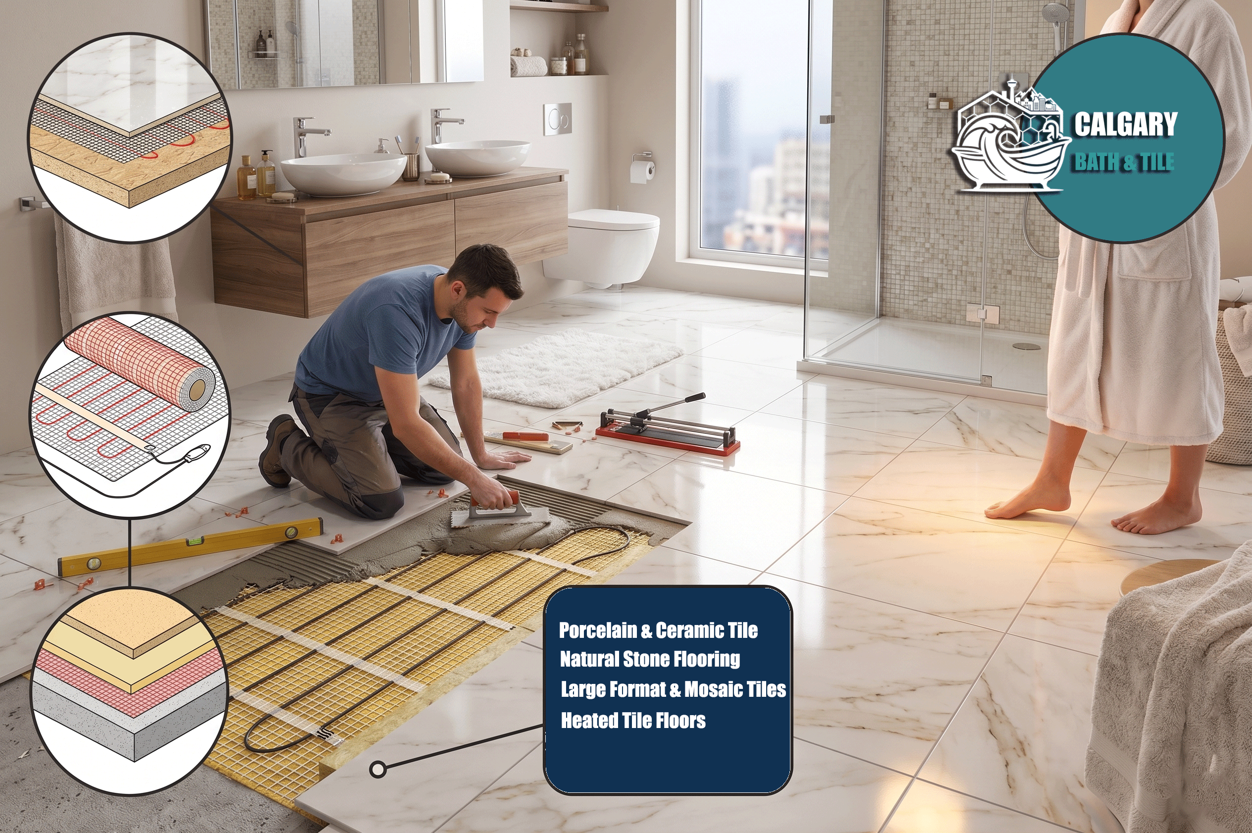 Professional floor tile installation in Calgary bathroom
